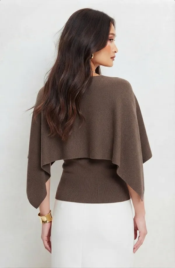 Brown_Korean_Elegance_Women_Layered_Cape_Two-Piece_Set