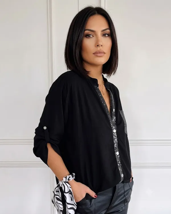 Liza_Femme_Black_Women_Liza_Femme_Shirt_Stand_Collar_Roll-up_Long_Sleeve_Shirt_Tops_Sequins_Patch_Pocket_Single_Breasted_Sunscreen_Shirt
