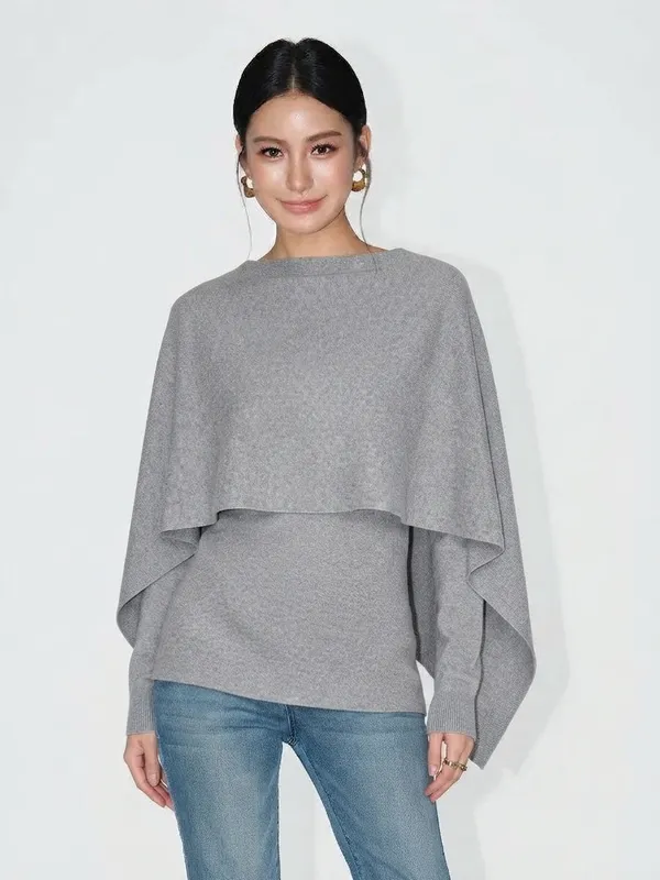 Grey_Korean_Elegance_Women_Layered_Cape_Two-Piece_Set