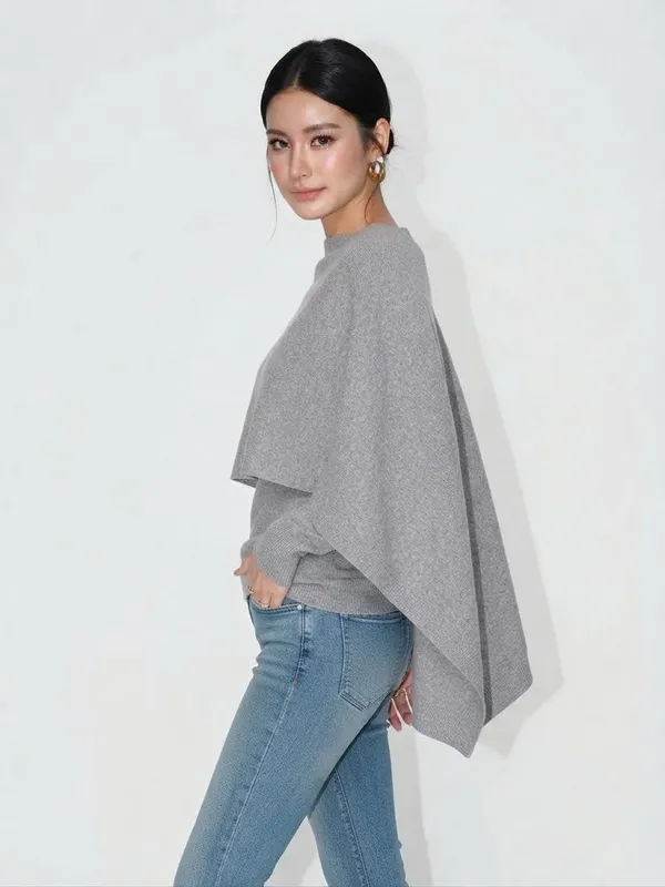 Grey_Korean_Elegance_Women_Layered_Cape_Two-Piece_Set