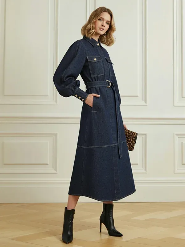 Liza_Femme_Puff_Sleeves_Belted_Buttoned_Pockets_Split-Joint_Lapel_Midi_Dresses