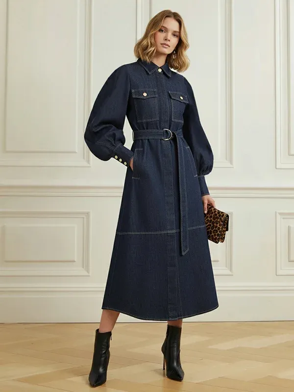 Liza_Femme_Puff_Sleeves_Belted_Buttoned_Pockets_Split-Joint_Lapel_Midi_Dresses