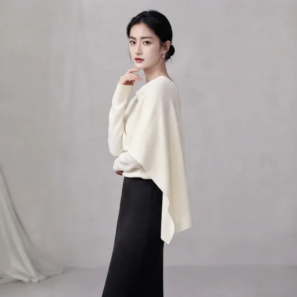 White_Korean_Elegance_Women_Layered_Cape_Two-Piece_Set