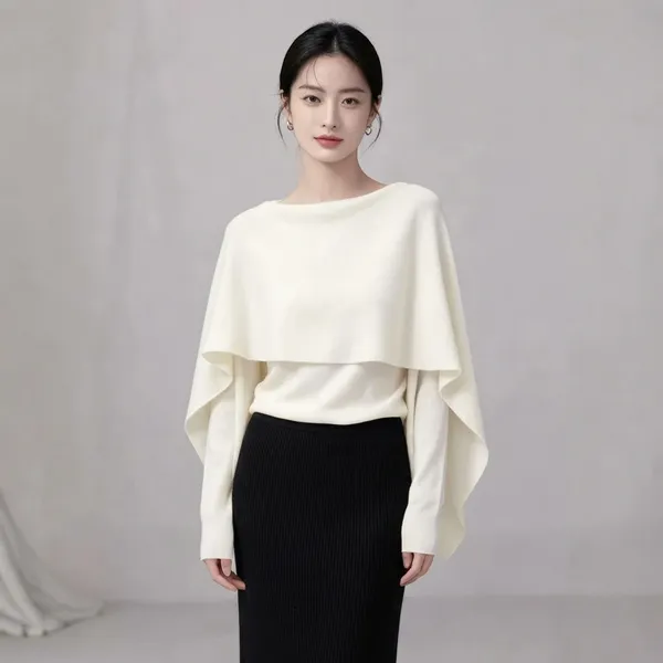 White_Korean_Elegance_Women_Layered_Cape_Two-Piece_Set