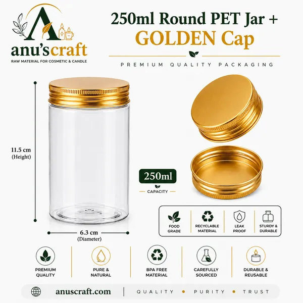 250ml_Round_PET_Jar_with_63mm_Aluminium_Gold_Cap_–_Cosmetic_&_Skincare_Packaging_Jar