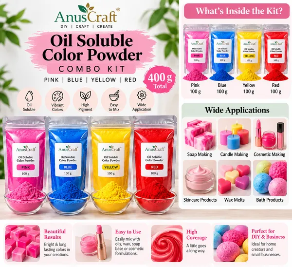 AnusCraft_Oil_Soluble_Color_Powder_Combo_Kit_–_4_Colors_(Pink,_Blue,_Yellow_&_Red),_100g_Each_|