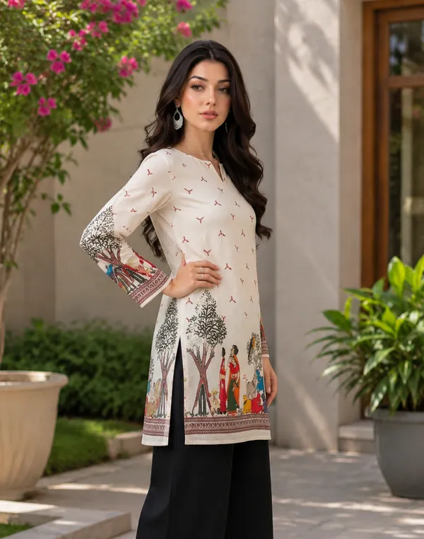 Cream_Printed_Lace-Up_Kurta_Set_for_Women
