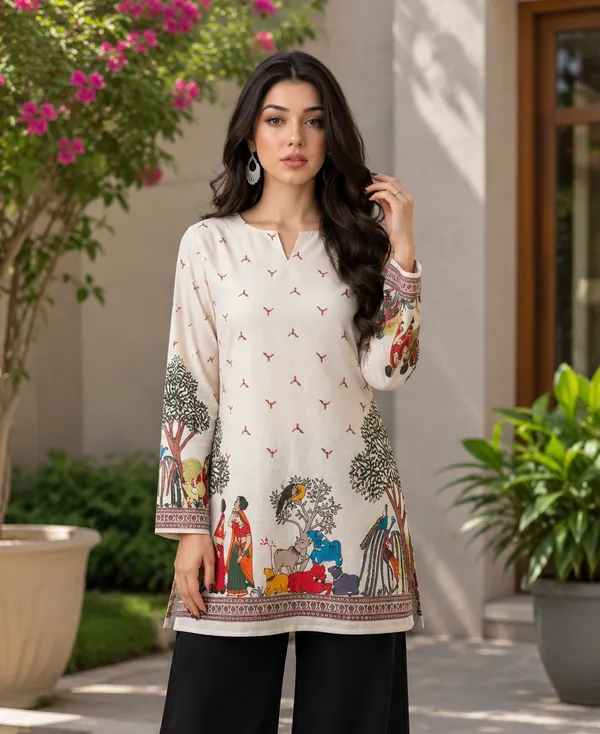 Cream_Printed_Lace-Up_Kurta_Set_for_Women