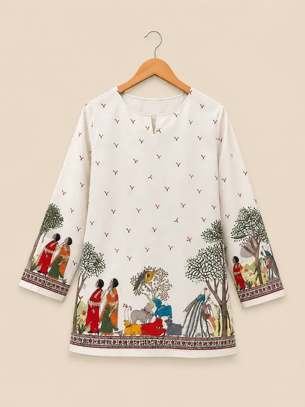 Cream_Printed_Lace-Up_Kurta_Set_for_Women
