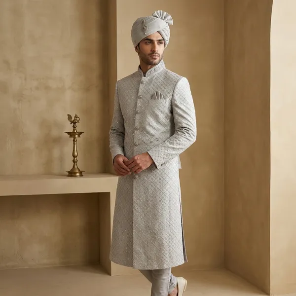 Silver_Art_Silk_Jacquard_Embroidered_Straight_Sherwani_For_Men