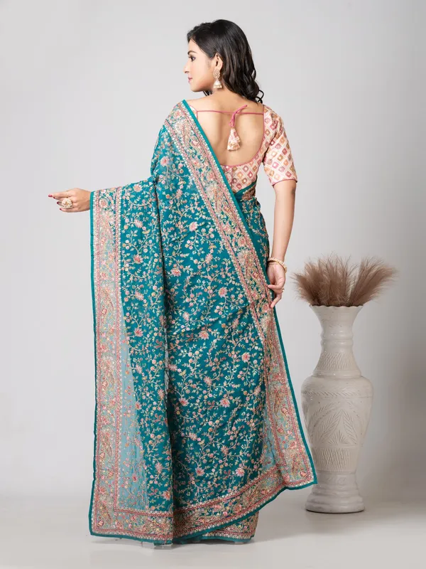 Teal_Chiffon_Floral_Print_Saree_For_Women