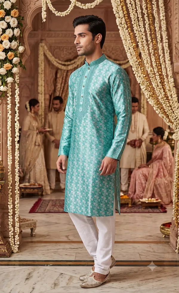 Teal_Printed_Traditional_Kurta_for_Men