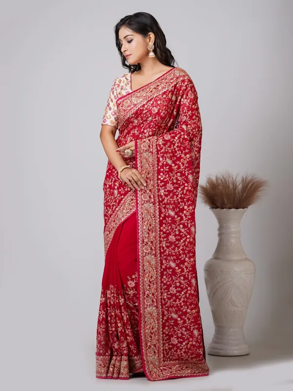 Red_Chiffon_Floral_Embellished_Saree_For_Women