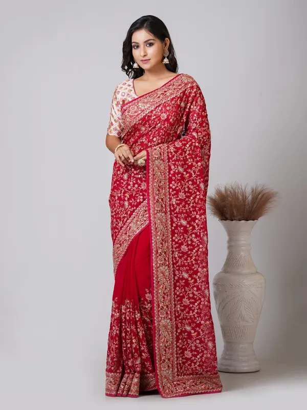 Red_Chiffon_Floral_Embellished_Saree_For_Women
