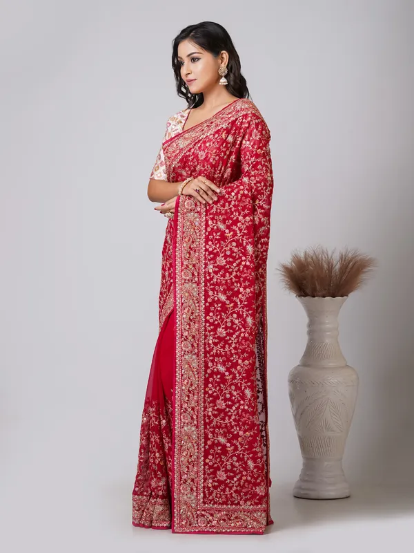 Red_Chiffon_Floral_Embellished_Saree_For_Women
