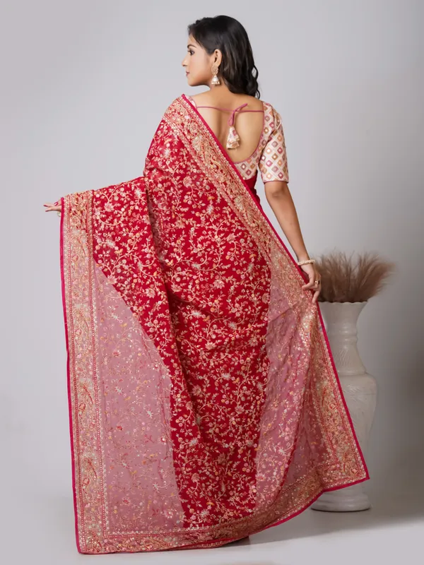 Red_Chiffon_Floral_Embellished_Saree_For_Women