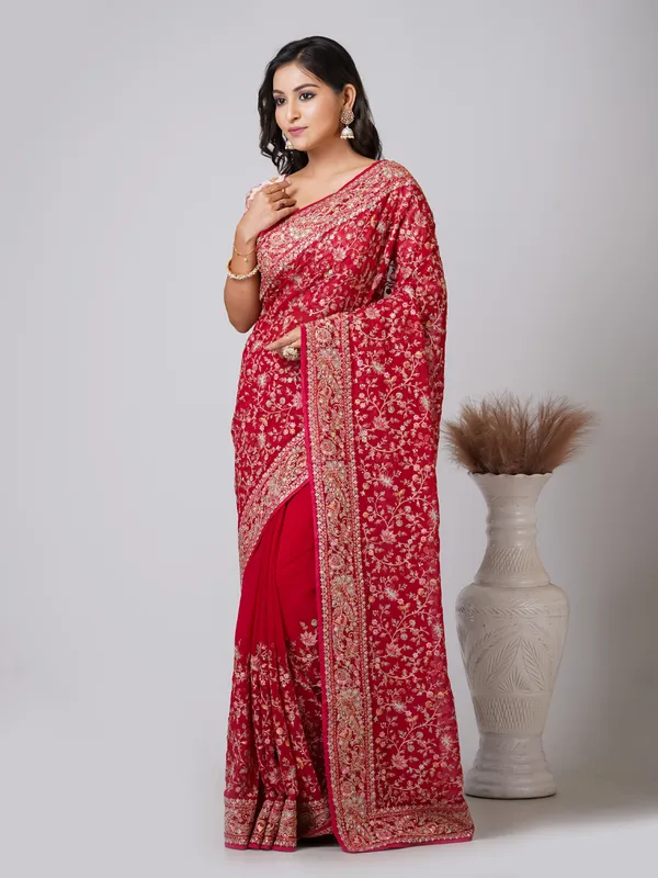 Red_Chiffon_Floral_Embellished_Saree_For_Women