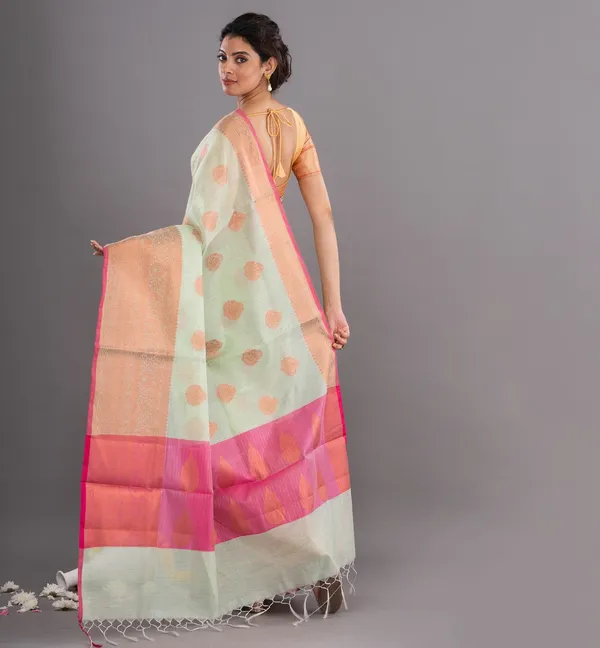 Mint_Green_Handloom_Cotton_Silk_Polka_Dot_Saree_For_Women