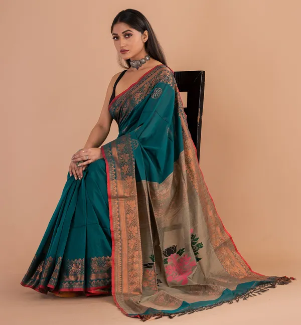 Teal_Handloom_Cotton_Floral_Border_Saree_For_Women