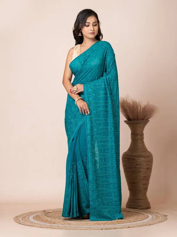 Teal_Georgette_Patterned_Drape_Saree_For_Women