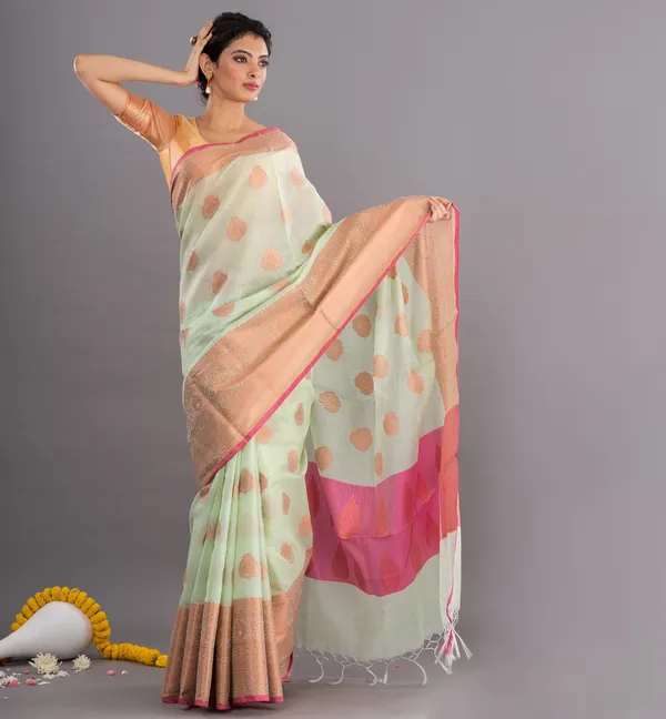 Mint_Polka_Dot_Saree_with_Pink_Border_for_Women