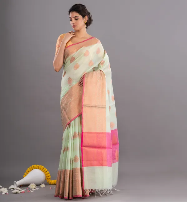 Mint_Polka_Dot_Saree_with_Pink_Border_for_Women
