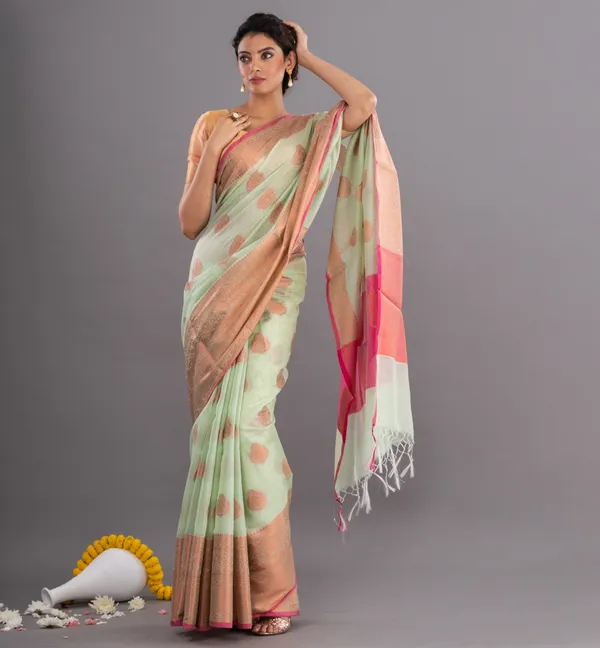 Mint_Polka_Dot_Saree_with_Pink_Border_for_Women