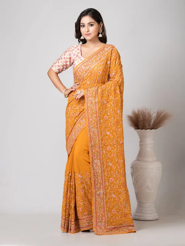 Mustard_Chiffon_Floral_Printed_Saree_For_Women