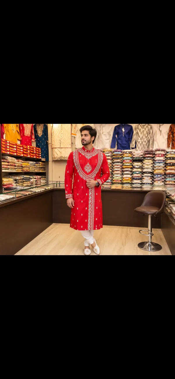 Red_Cotton_Slub_Straight_Embroidered_Kurta_For_Men