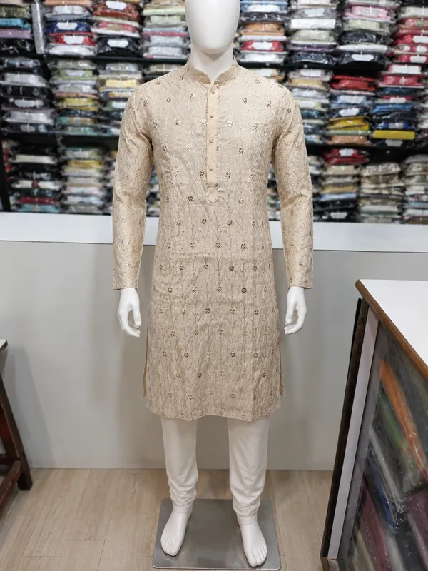 Cream_Cotton_Slub_Straight_Kurta_Pajama_Set_For_Men