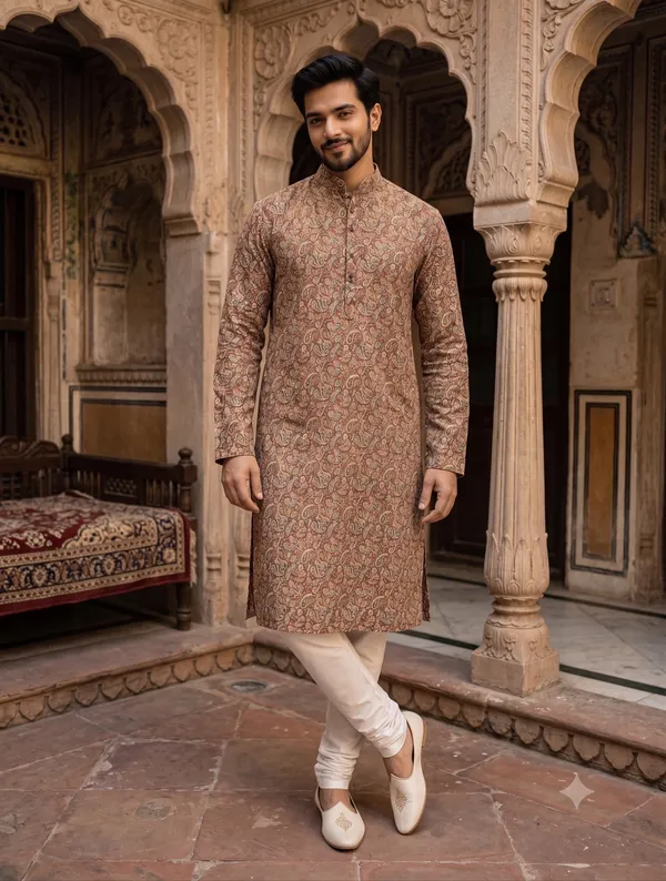 Brown_Cotton_Slub_Straight_Printed_Kurta_Pajama_Set_For_Men
