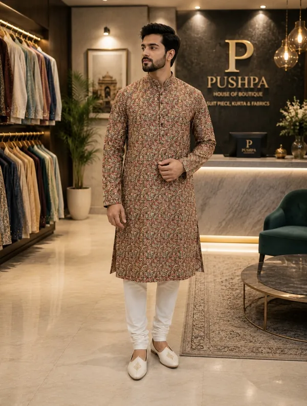 Brown_Cotton_Slub_Straight_Printed_Kurta_Pajama_Set_For_Men