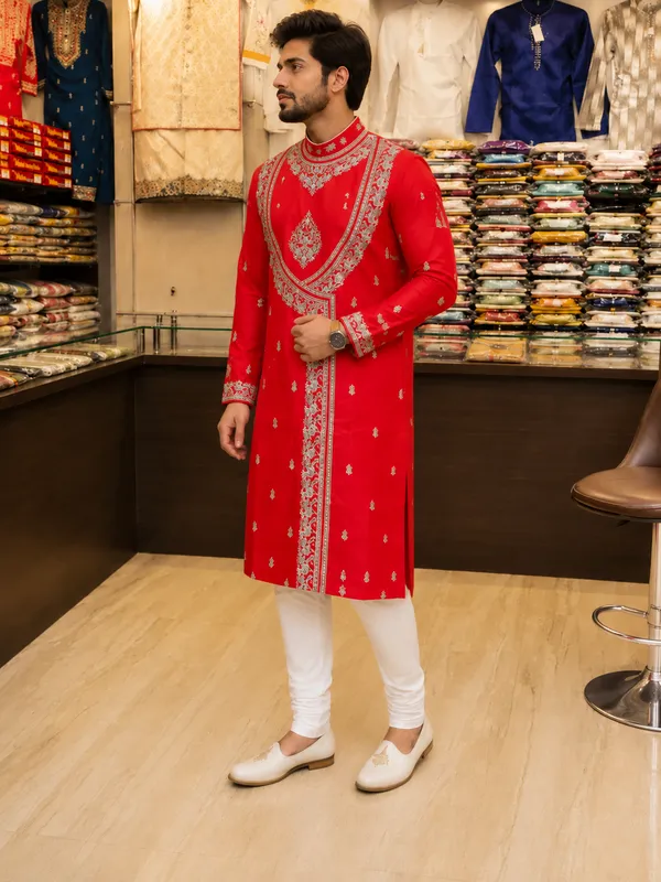 Red_Cotton_Slub_Straight_Embroidered_Kurta_For_Men
