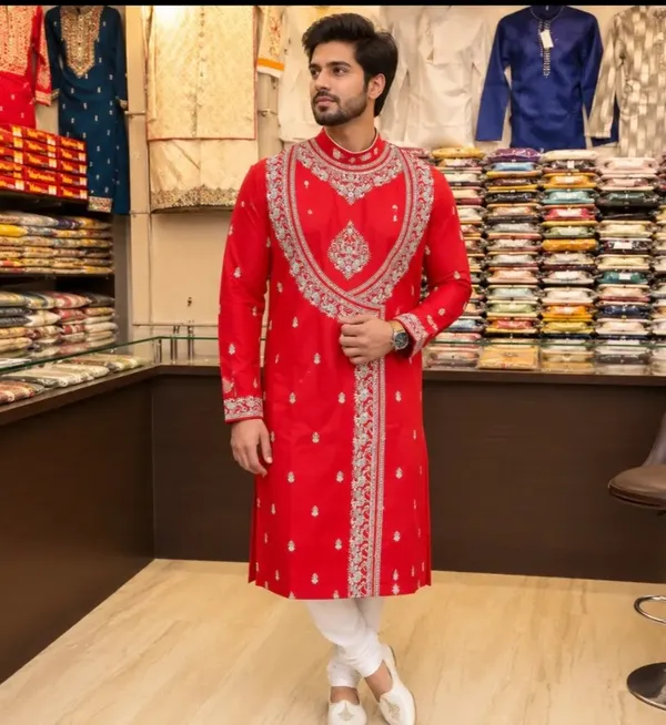 Red_Cotton_Slub_Straight_Embroidered_Kurta_For_Men
