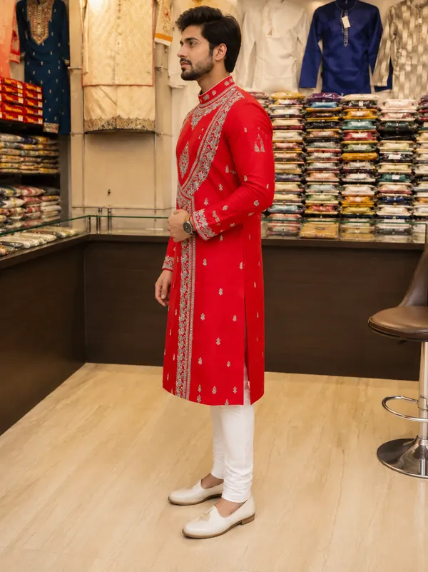 Red_Cotton_Slub_Straight_Embroidered_Kurta_For_Men