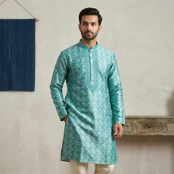 Teal_Cotton_Slub_Straight_Floral_Printed_Kurta_For_Men