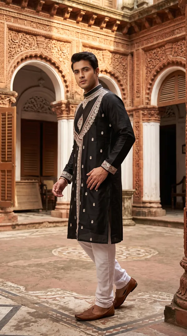 Black_Embroidered_Straight_Kurta_Pajama_Set_for_Men_-_Traditional_Bengali