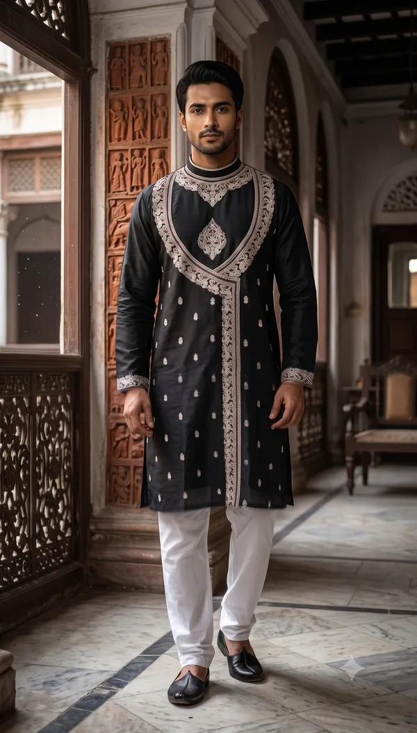 Black_Embroidered_Straight_Kurta_Pajama_Set_for_Men_-_Traditional_Bengali