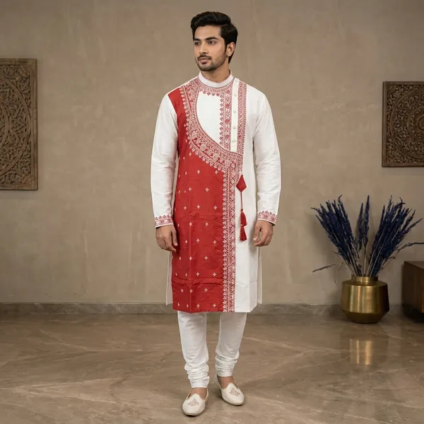 Red_White_Cotton_Slub_Straight_Printed_Kurta_Set_For_Men