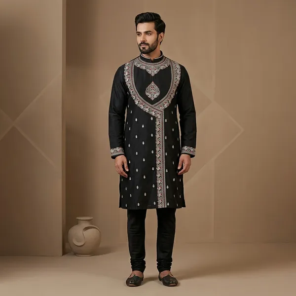 Black_Cotton_Slub_Straight_Embroidered_Kurta_Pajama_Set_For_Men