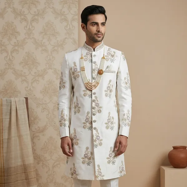 White_Art_Silk_Jacquard_Embroidered_Sherwani_For_Men