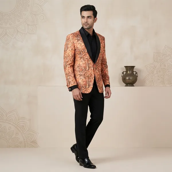 Orange_Polyester_Viscose_Printed_Shawl_Lapel_Blazer_For_Men