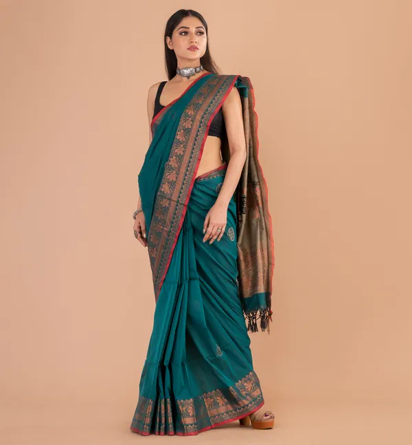 Teal_Floral_Border_Saree_for_Women
