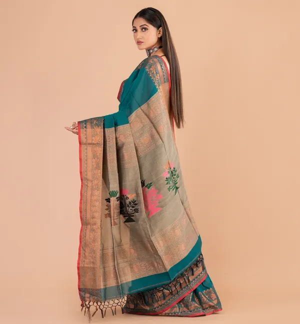 Teal_Floral_Border_Saree_for_Women