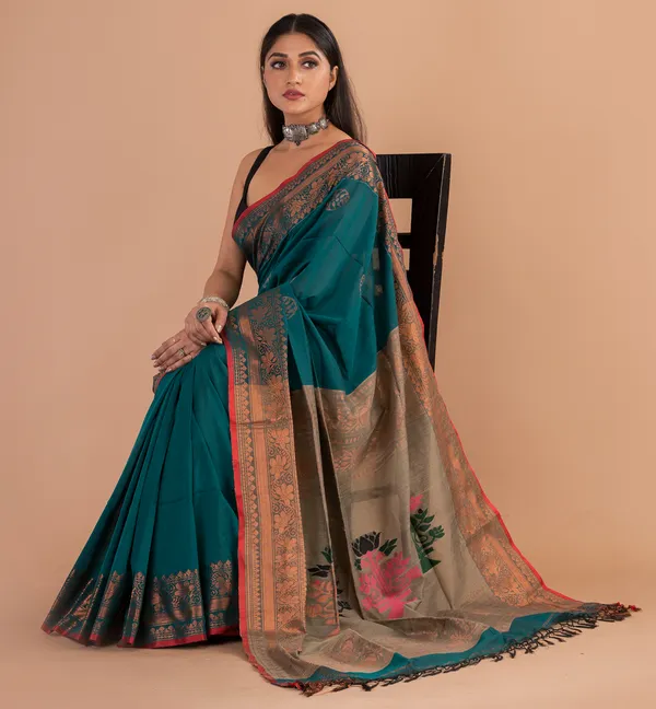 Teal_Floral_Border_Saree_for_Women