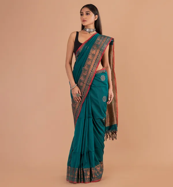 Teal_Floral_Border_Saree_for_Women