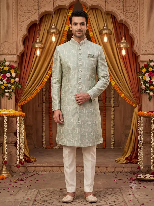 Light-Mint_Green_Patterned_Sherwani_for_Men
