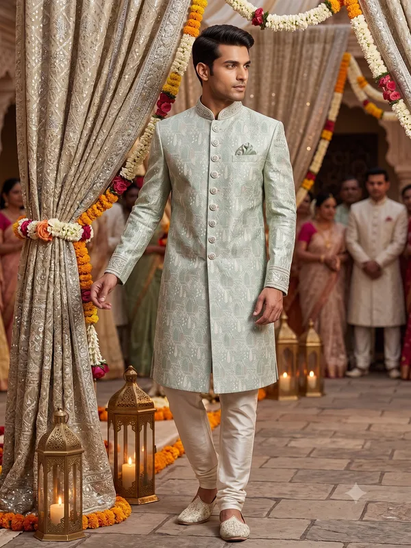 Light-Mint_Green_Patterned_Sherwani_for_Men