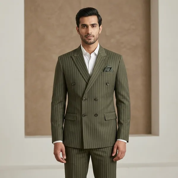 Olive_Green_Polyester_Viscose_Pinstripe_Double_Breasted_Suit_Set_For_Men