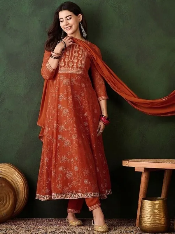 Orange_Georgette_Anarkali_Foil_Print_Kurta_Set_For_Women